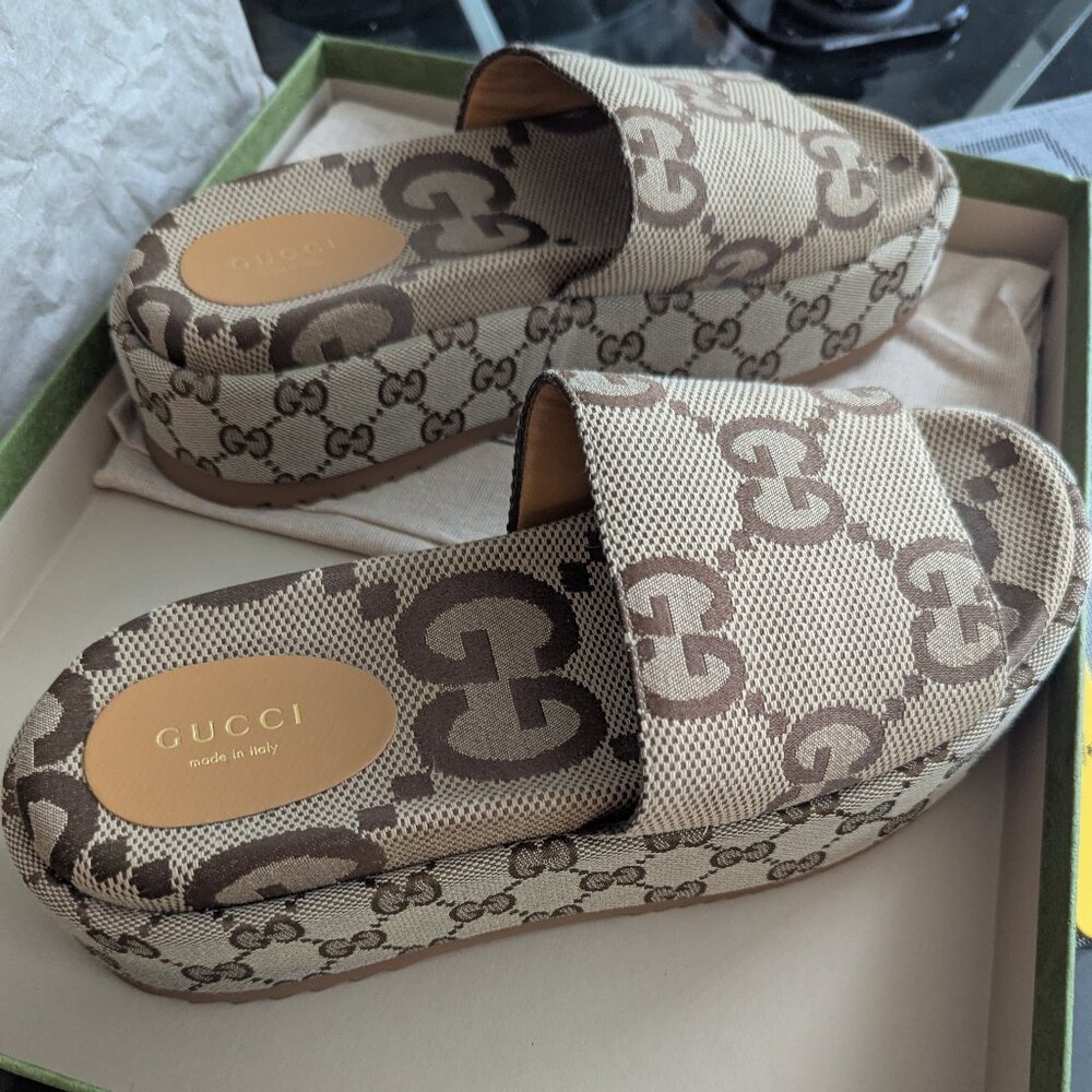 Gucci Brown Beige GG Canvas Slide Sandals - Picture 6 of 7